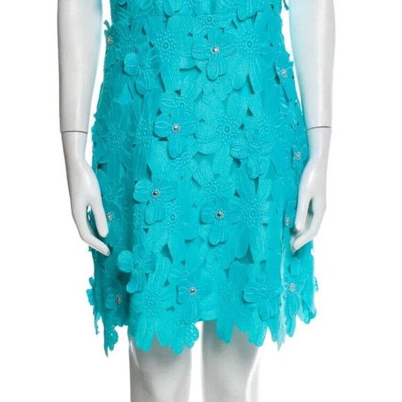 DESIGNER MICHAEL KORS TURQUOISE LACE PATTERN SLEEVELESS V NECK DRESS 4.R - Picture 2 of 11